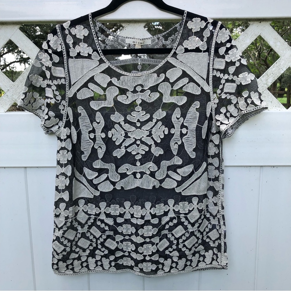Mi Ami Embroidered Black Cream Mesh Top